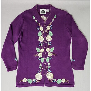 Storybook Knits M Purple Floral Cardigan Sweater Embroidered Eastern Influences